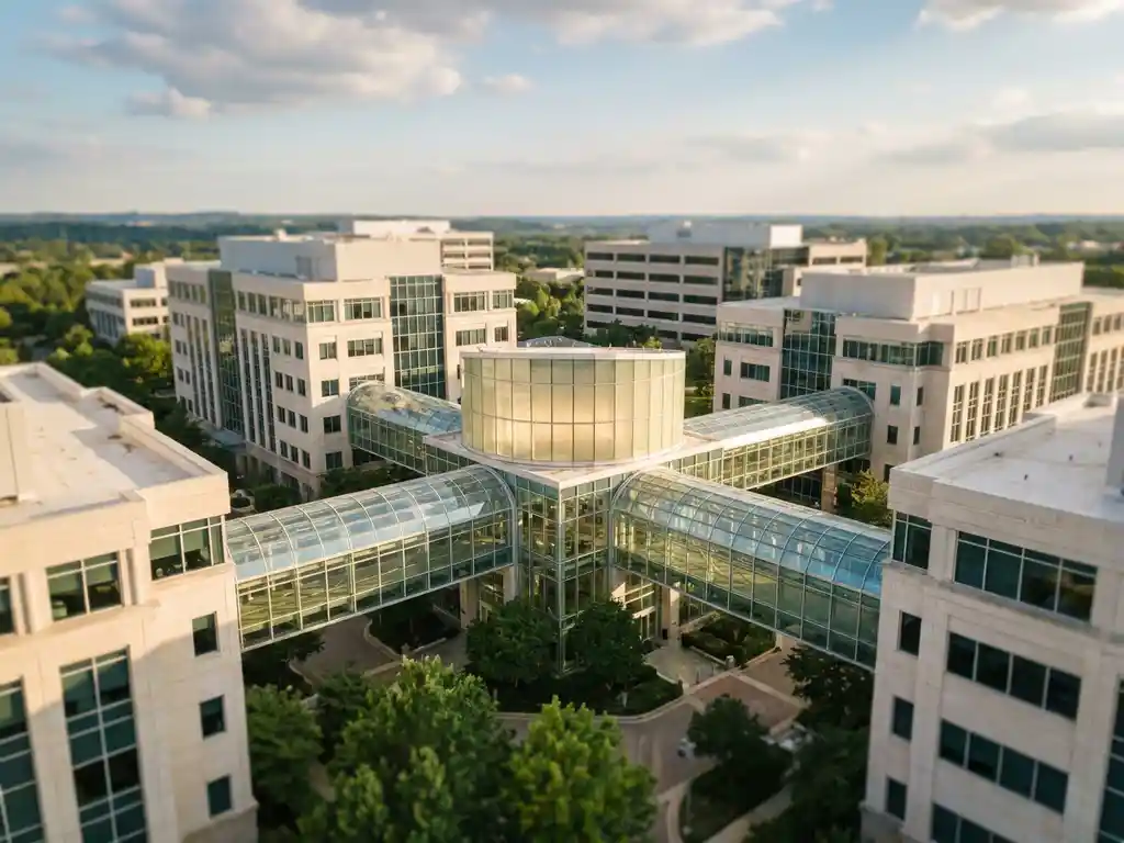 Gläserne Brücken verbinden moderne Bankgebäude unter blauem Himmel, goldenes Sonnenlicht auf polierten Oberflächen, Innenhofbäume sichtbar.