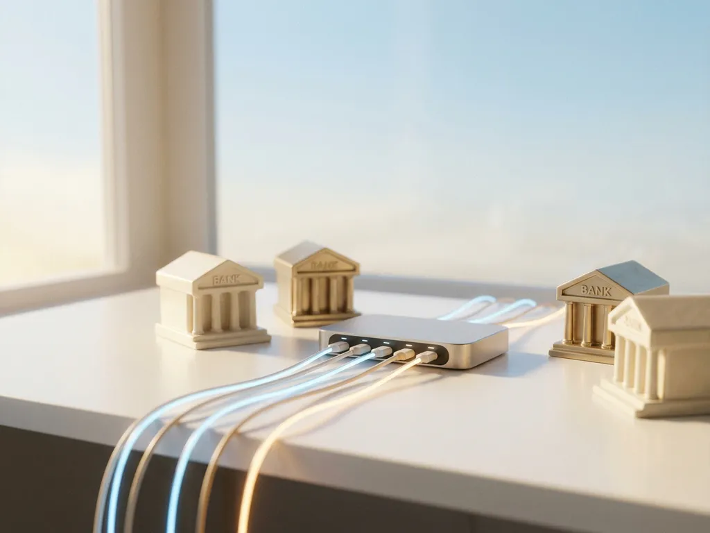 Leuchtendes Kabelnetzwerk verbindet kleine Bankgebäude-Modelle an einem modernen Banking-Hub auf weißem Schreibtisch, warmes goldenes Licht.