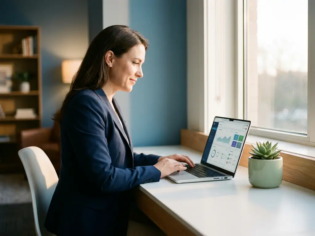 Finanzexpertin analysiert digitalen Zahlungsworkflow auf Laptop an modernem Schreibtisch mit Sukkulente im warmen Gegenlicht.