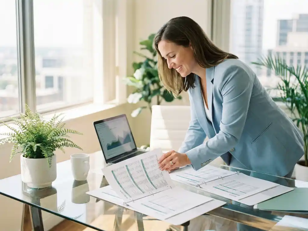 Finanzberaterin prüft Budgetunterlagen an modernem Glasschreibtisch mit Laptop, Tageslicht und Zimmerpflanzen im Hintergrund.