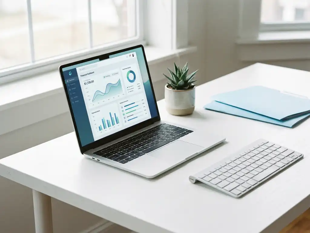 Laptop mit Finanz-Dashboard auf weißem Schreibtisch, daneben kleine grüne Pflanze, hellblaue Ordner und kabellose Tastatur im Sonnenlicht.
