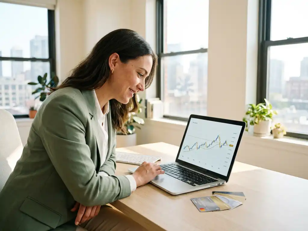 Geschäftsfrau analysiert Finanzdashboard auf Laptop, mehrere Kreditkarten neben der Tastatur, modernes Büro im Morgenlicht.