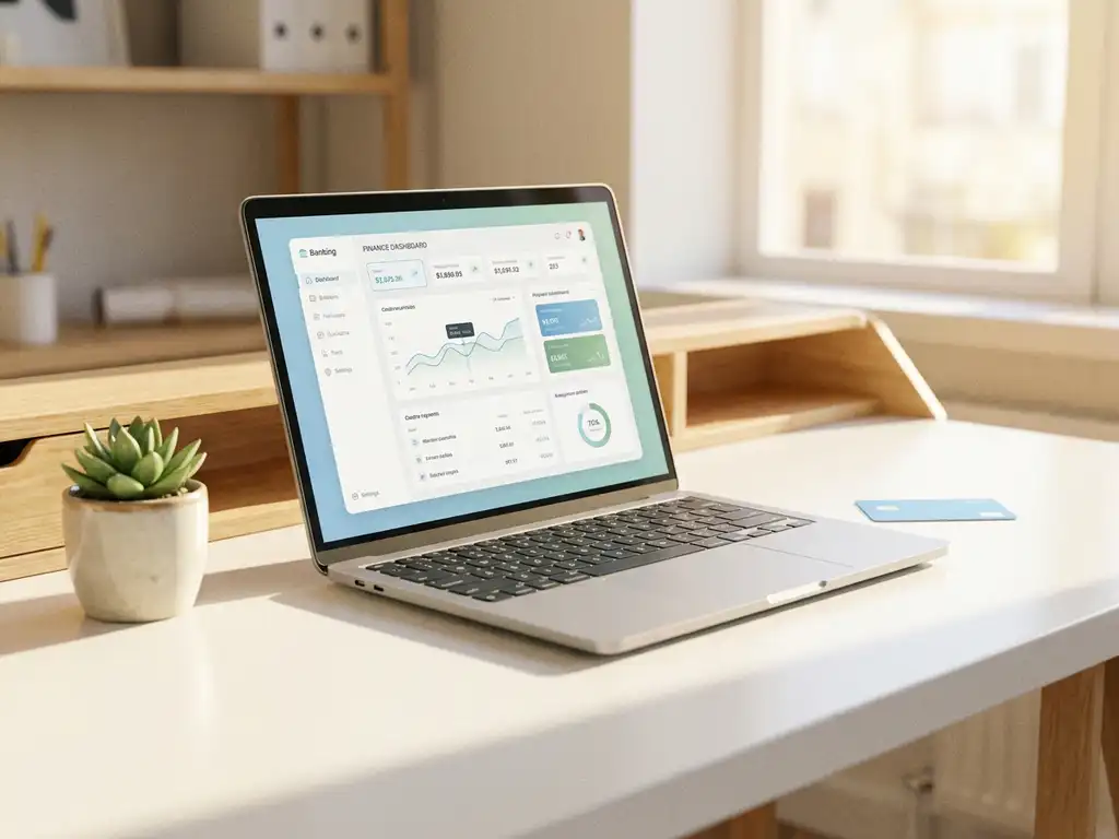 Laptop mit Banking-Dashboard auf modernem weißen Schreibtisch, Bankkarte und grüne Pflanze daneben, natürliches Seitenlicht.