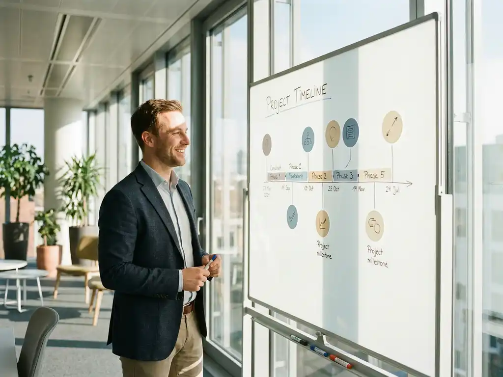 Unternehmensberater präsentiert Projektzeitplan auf Whiteboard in modernem Büro mit Glaswänden und natürlichem Tageslicht.