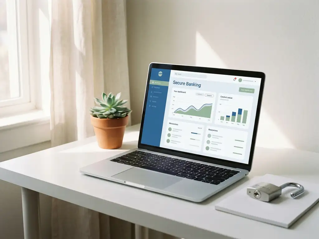 Laptop mit Banking-Dashboard auf weißem Schreibtisch, daneben Sukkulente und geöffnetes Metallschloss als Symbol für sicheres Online-Banking.