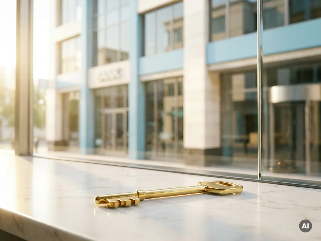 Goldener Schlüssel auf weißem Marmortisch vor moderner Bankfassade mit Glasreflexion im Tageslicht.