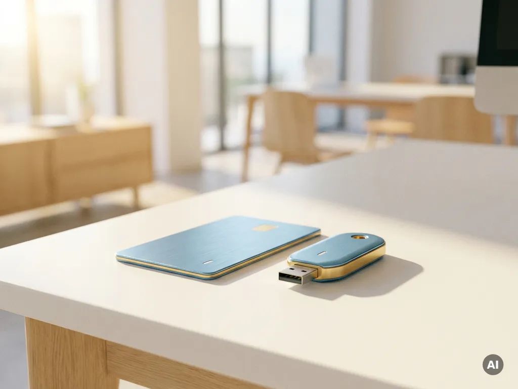 Zwei Bank-Sicherheitstoken – eine Kartenvariante und ein USB-Schlüssel – auf weißem Schreibtisch im sanften Morgenlicht.