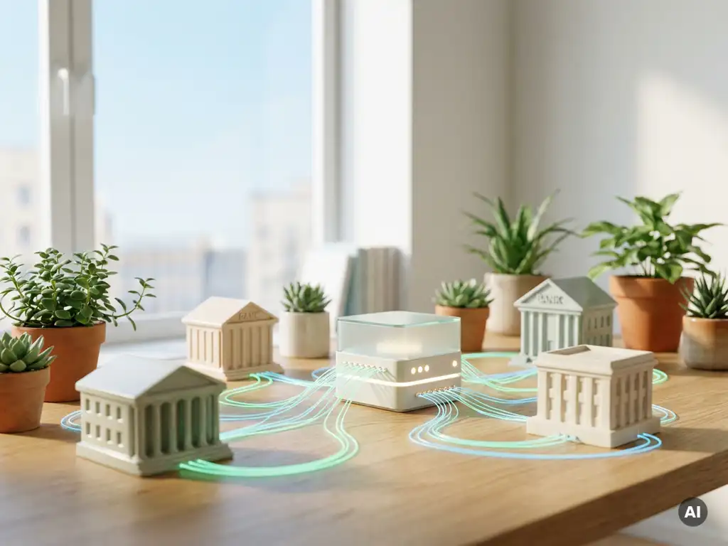 Leuchtende Netzwerklinien verbinden Miniatur-Bankgebäude mit einem zentralen Server-Hub auf einem hellen Schreibtisch mit kleinen grünen Pflanzen.