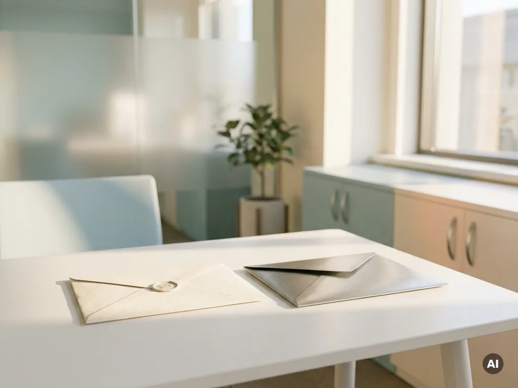Klassischer Papierumschlag und metallischer Umschlag nebeneinander auf weißem Schreibtisch in modernem Büro, natürliches Tageslicht.