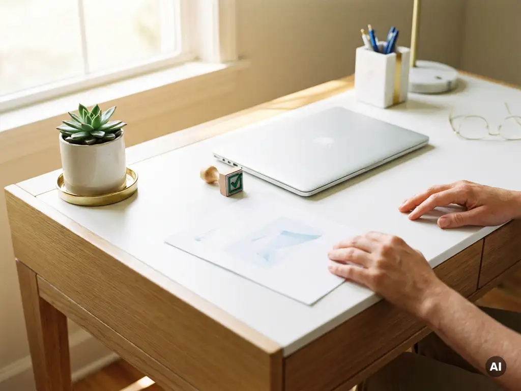 Gepflegter moderner Schreibtisch mit Zahlungsdokument, grünem Genehmigungsstempel und Laptop im weichen Morgenlicht.