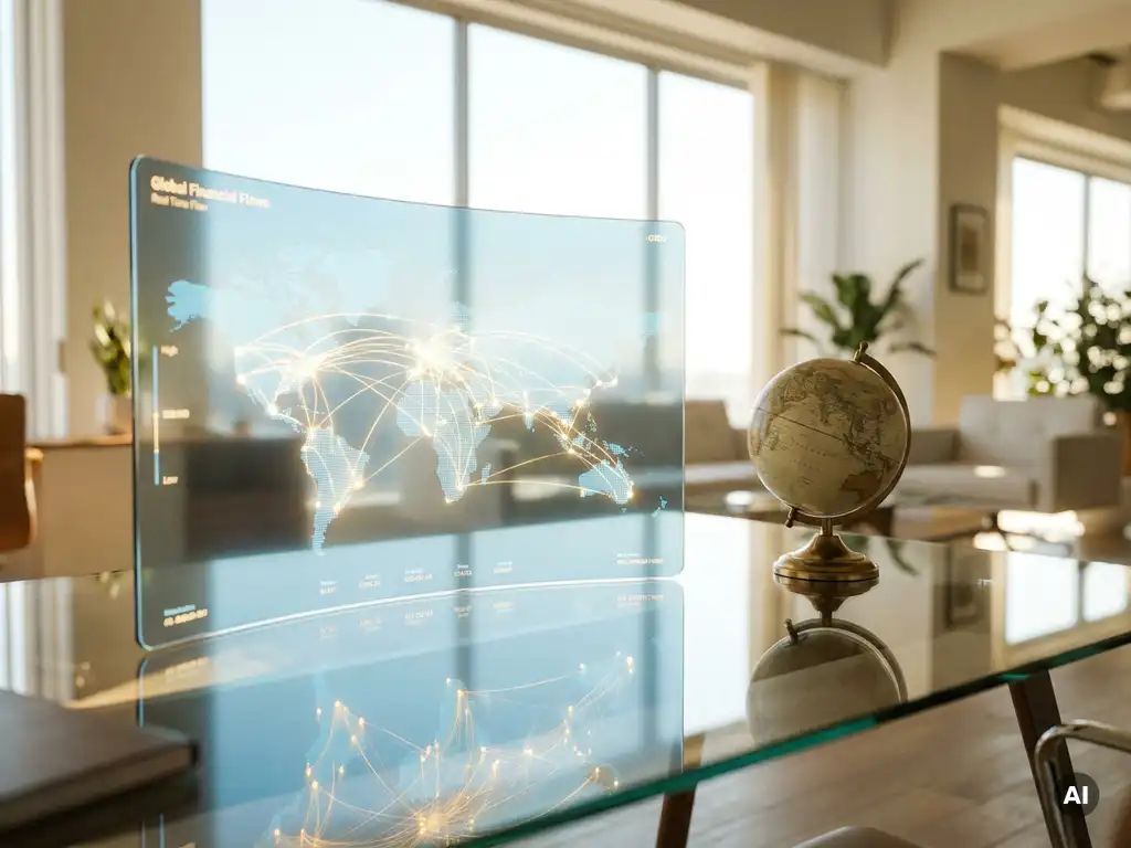 Echtzeit-Zahlungs-Dashboard auf einem Glasschreibtisch mit Weltglobus, modernes Büro in Hellblau, Weiß und Gold.