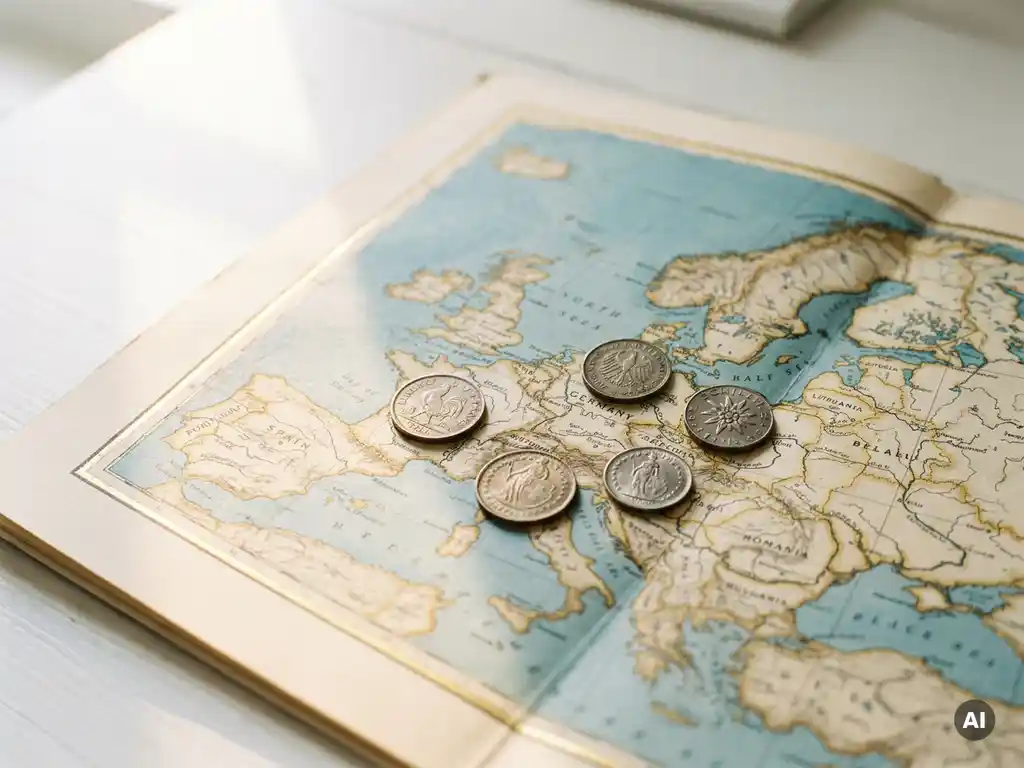 Physische Europakarte auf weißem Schreibtisch mit Münzen aus Frankreich, Deutschland, Österreich und der Schweiz auf den jeweiligen Ländern.