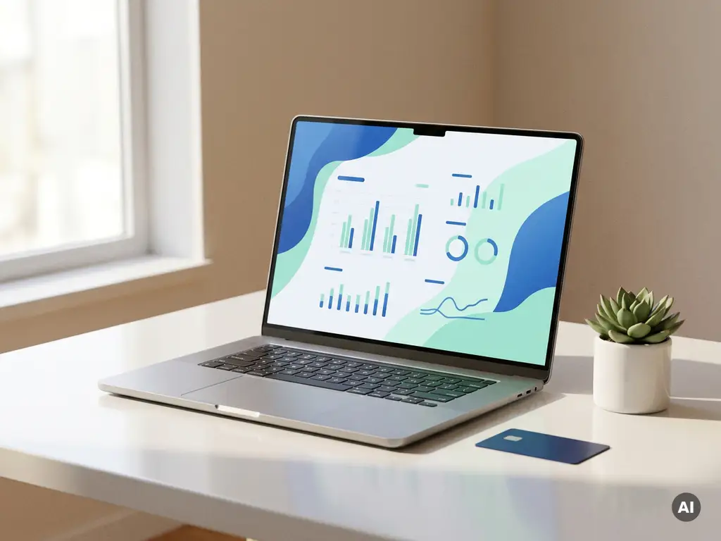 Moderner Laptop mit Finanzdashboard auf weißem Schreibtisch, daneben eine Bankkarte und grüne Pflanze im Tageslicht.
