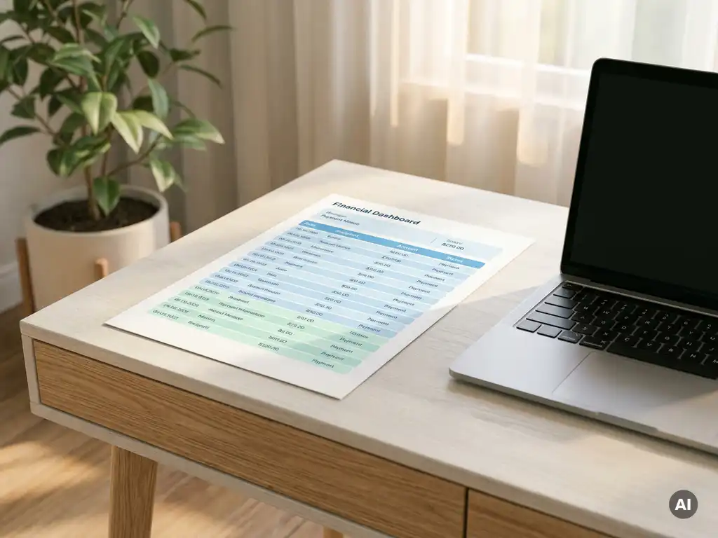Finanz-Dashboard-Ausdruck mit Zahlungsübersichten auf modernem weißem Schreibtisch, Laptop und grüner Pflanze im Hintergrund.