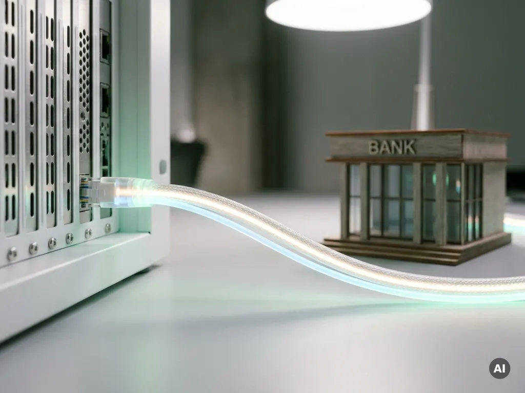 Glasfaserkabel mit leuchtendem Lichtsignal verbindet Server-Port mit Miniatur-Bankgebäude auf grauem Schreibtisch.