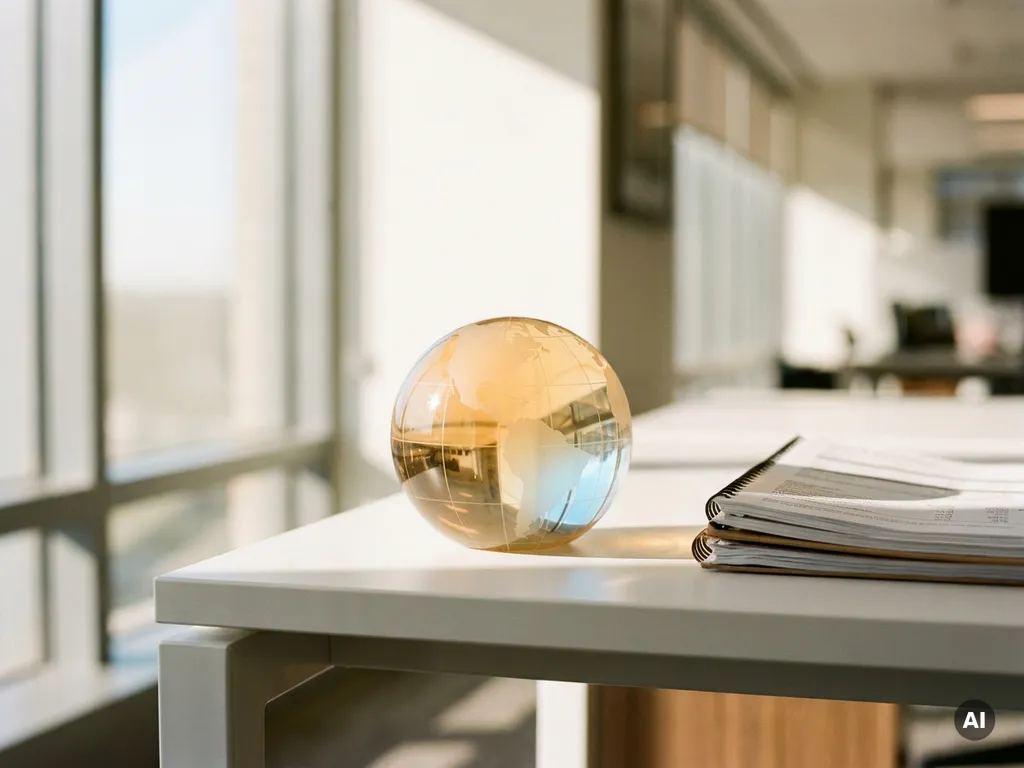 Glas-Globus-Briefbeschwerer auf weißem Schreibtisch neben Finanzdokumenten, goldenes Morgenlicht, eingravierte globale Banknetzlinien.