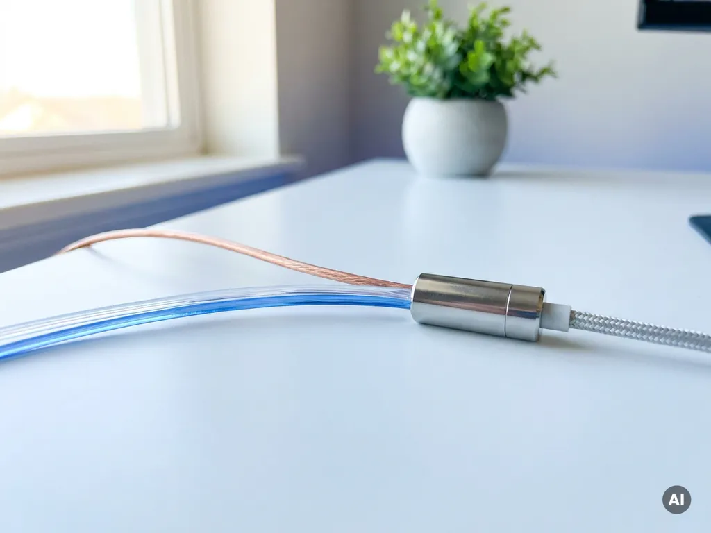 Kupfer-, Glasfaser- und Silberkabel laufen auf weißem Schreibtisch in einem Hub zusammen, weiches Morgenlicht von links.