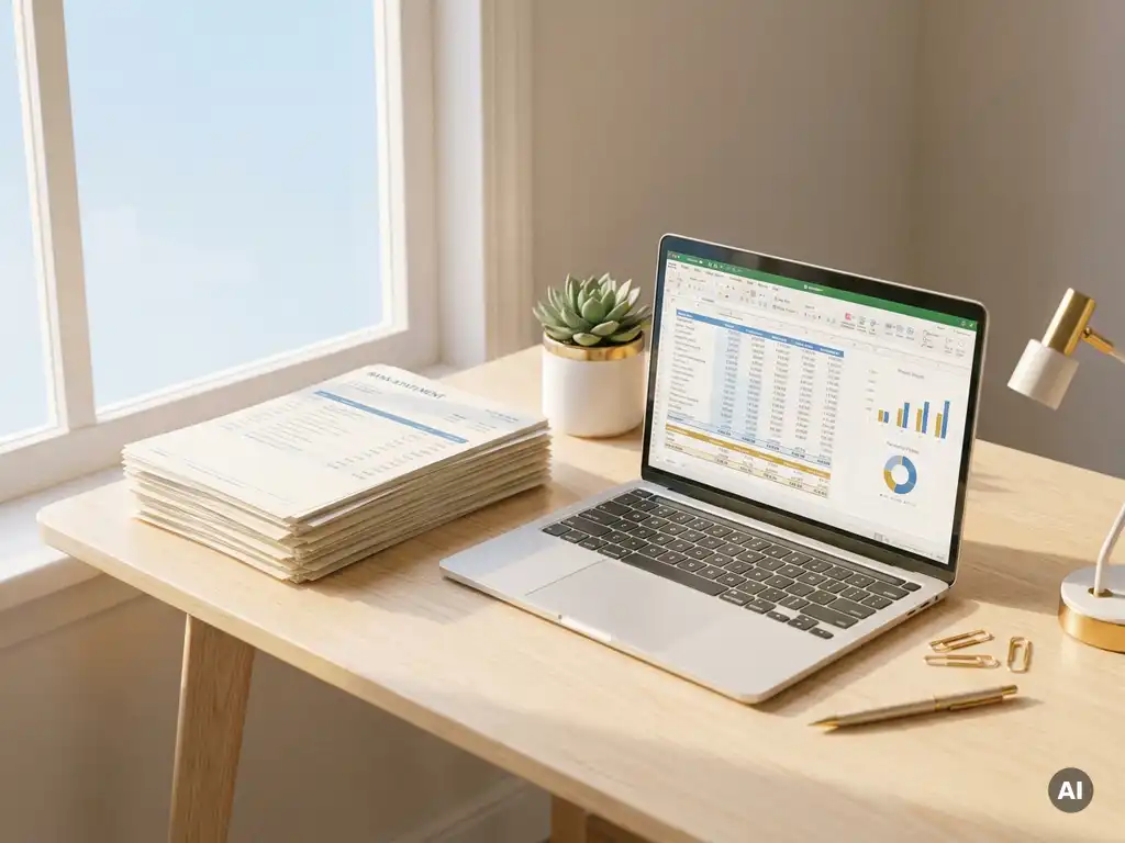 Ordentlicher Finanzschreibtisch mit Kontoauszügen, Laptop mit Tabellendaten und kleiner Sukkulente im warmen Morgenlicht.