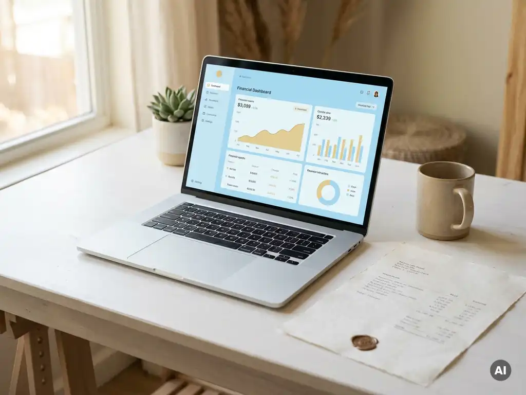 Moderner Laptop mit Finanzdashboard auf weißem Schreibtisch, daneben ein Papierdokument, warmes Tageslicht von links.
