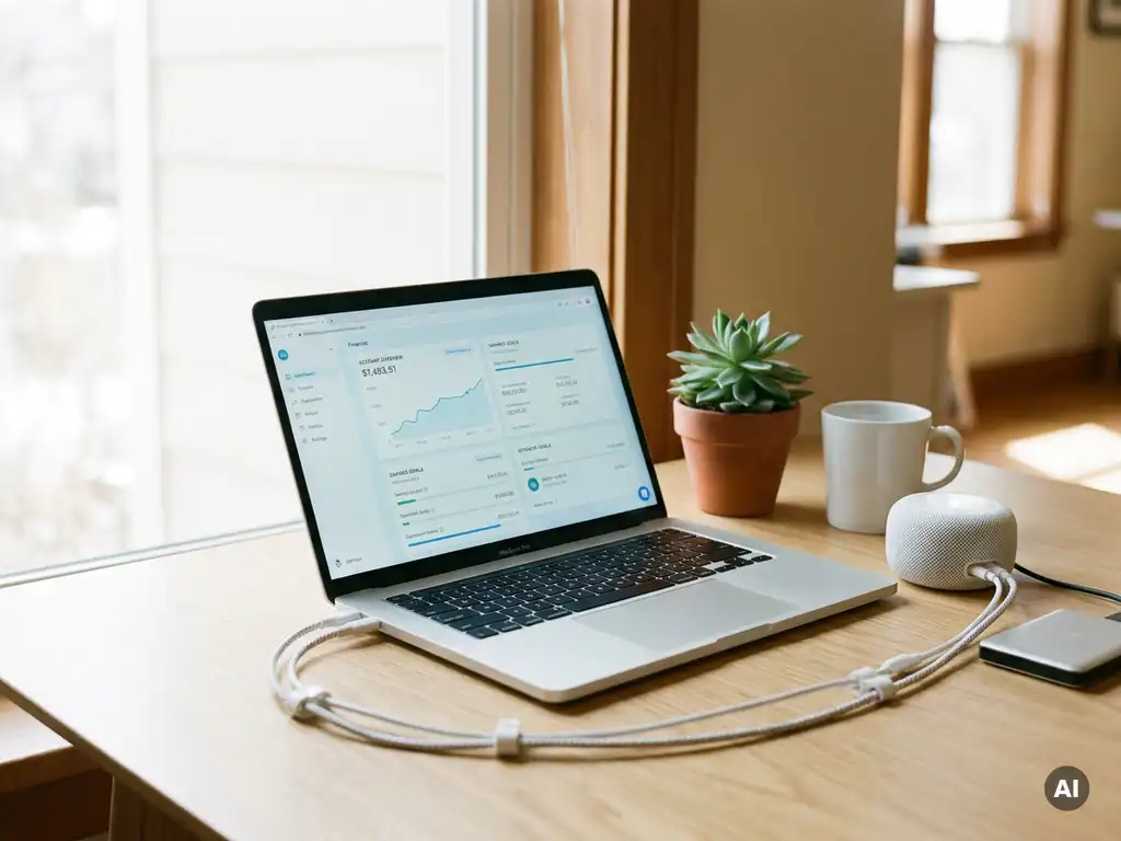 Laptop mit geöffnetem Banking-Dashboard auf hellem Schreibtisch, daneben eine kleine Topfpflanze und ein Router, natürliches Seitenlicht.