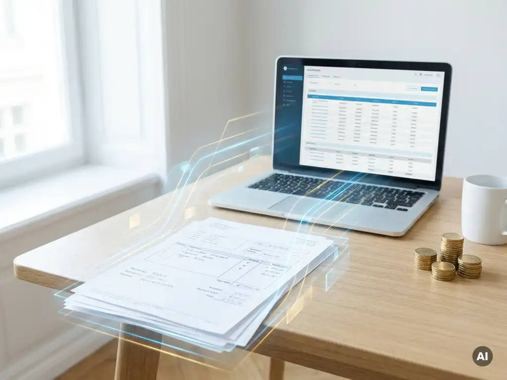 Moderner Finanzschreibtisch mit Zahlungsdokumenten, Laptop mit Tabellenkalkulation und gestapelten Euromünzen im Tageslicht.