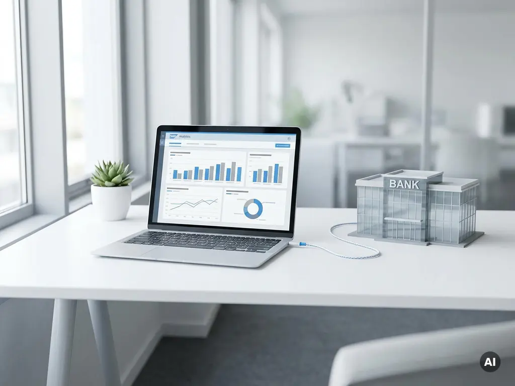 Laptop mit SAP-Dashboard auf weißem Schreibtisch neben einem Architekturmodell eines Bankgebäudes, verbunden durch ein Kabel.