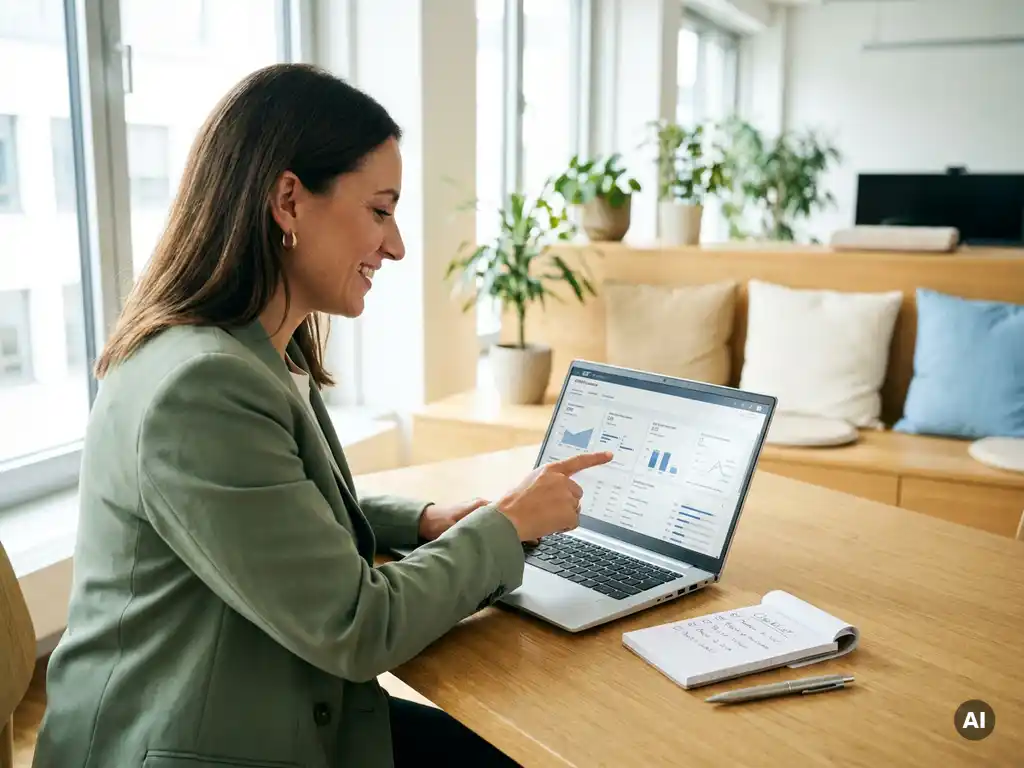 Finanzberaterin analysiert SAP-Dashboard auf Laptop im modernen Büro, Notizbuch und Stift daneben, warmes Tageslicht.