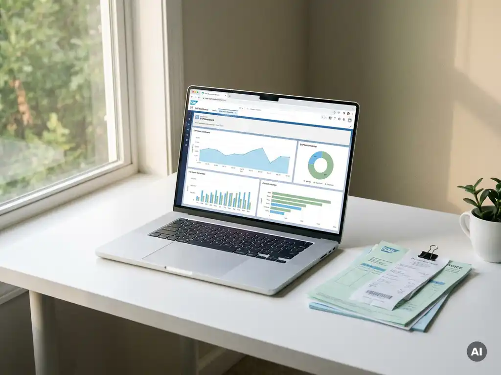 Laptop mit leuchtendem SAP-Dashboard auf weißem Schreibtisch neben sortierten Zahlungsdokumenten im natürlichen Tageslicht.