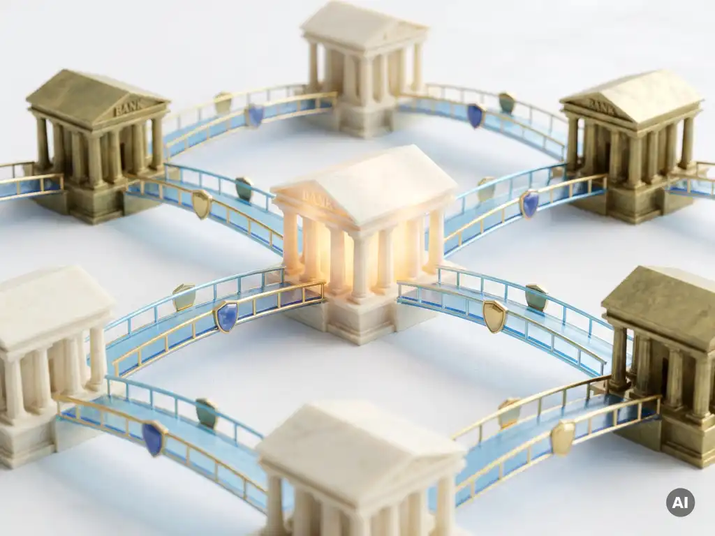 Leuchtendes Netzwerk aus Brücken verbindet Miniatur-Bankgebäude mit zentralem Hub und Schutzschildern in Blau- und Goldtönen.