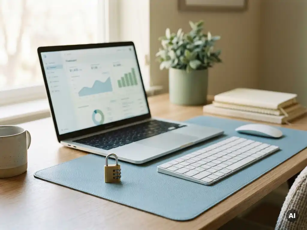 Moderner Schreibtisch mit leuchtendem Laptop, der ein Finanzdashboard zeigt, und einem Kombinationsschloss als Symbol für sichere Zahlungsfreigabe.