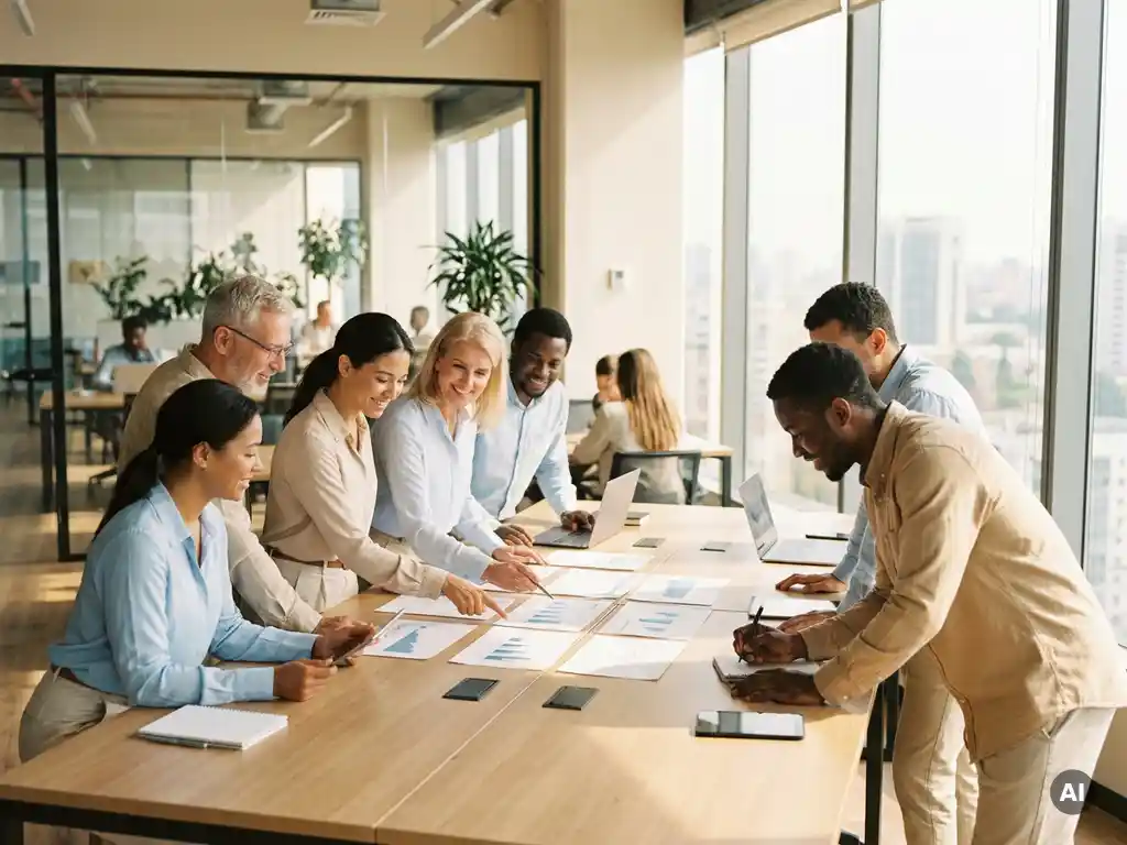 Diverse Fachleute verschiedener Abteilungen prüfen gemeinsam Dokumente an einem hellen Konferenztisch in einem modernen Büro.