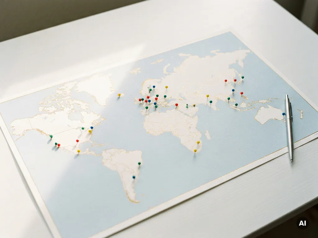 Weltkarte auf mattem Papier mit farbigen Pins in Europa, Asien und Amerika, silberner Stift daneben, Draufsicht im Morgenlicht.