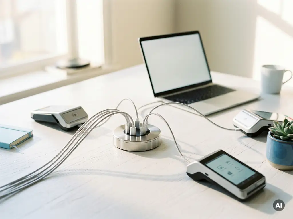 Silberne Kabel laufen auf einem weißen Schreibtisch zu einem Hub zusammen, umgeben von Kartenterminals und einem Laptop im Tageslicht.