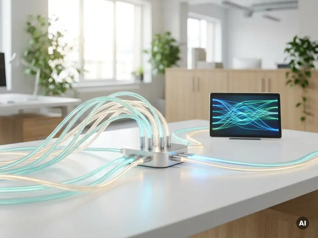 Leuchtende Glasfaserkabel laufen in einem modernen Büro in einen zentralen Hub zusammen, mit sanftem Teal-Licht und Dashboard-Monitor.